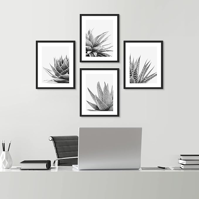 SIGNWIN Framed Black White Snake Plant Agave Cactus Succulent Wall Art, Set of 4 Floral Botanical Wall Decor Prints, Nature Wilderness Wall Décor for Living Room, Bedroom - 11"x14" Black