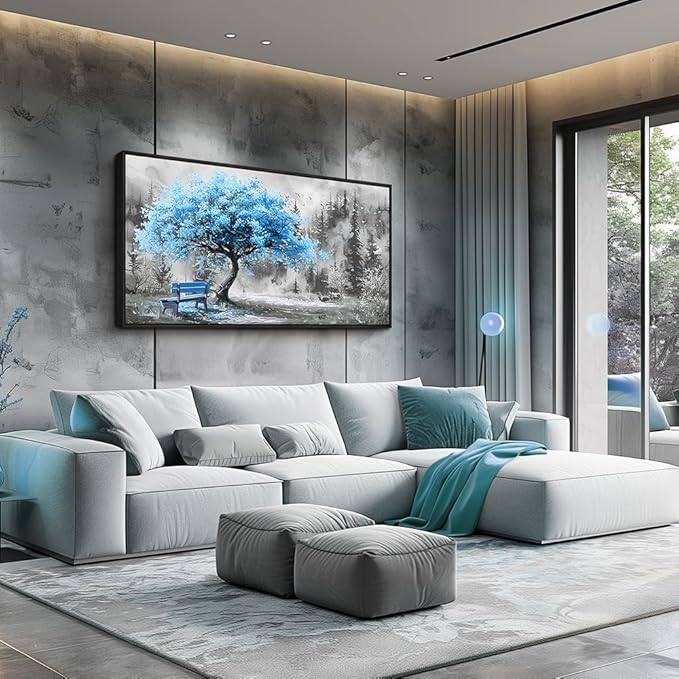 ZUITINGHUA Large Black Framed Wall Decor For Living Room Canvas Wall Art For Office Modern Wall Decorations For Bedroom Blue Tree Landscape Paintings Black And White Pictures Home Decor 24x48 In