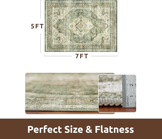 AMOAMI-Area Rug 5X7 Rugs for Living Room-Vintage Soft Green Rugs for Bedroom-Non Slip Carpet-Machine Washable Rug for Dining Room Living Room Bedroom Office Under Table