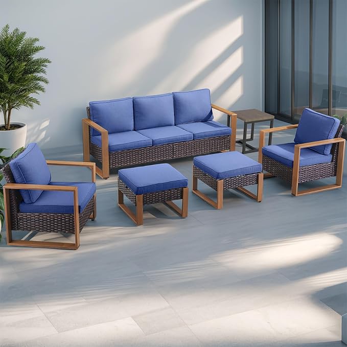 Outdoor Wicker Patio Furniture Set - 4 Piece Patio Conversation Set with 2 Wicker Armrest Chairs,2 Rattan Ottoman, Sturdy Frame, Thick Cushions, Deep Seating(Brown/Blue)