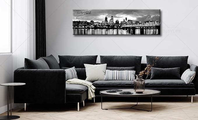 DJSYLIFE-Portland Skyline Canvas Print Modern City Landscape Wall Art USA Skyscraper Black and White Panoramic Night View Painting Office Living Room Home Decor Ready to Hang 13.8"x47.3"