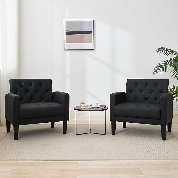 TYBOATLE Leather Chairs Set of 2 Comfy Living Room Chair Black Leather Tufted Mid Century Modern Accent Chair, Small Cozy Reading Arm Chair for Office, Bedroom