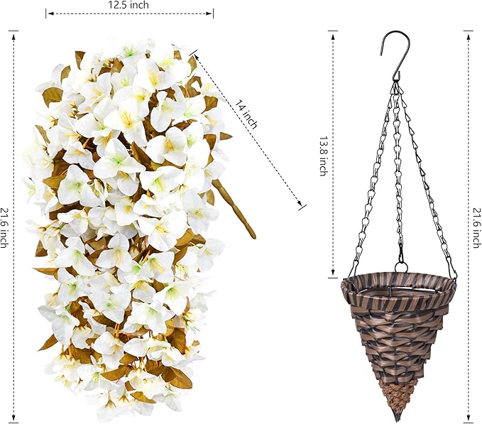 Bougainvillea Artificial Fall Flowers Fake Plants for Outdoors Autumn Decoration, 3PCS Faux Silk Hanging Trailing Vines with Baskets UV Resistant Realistic for Front Door Patio Balcony, Fall White