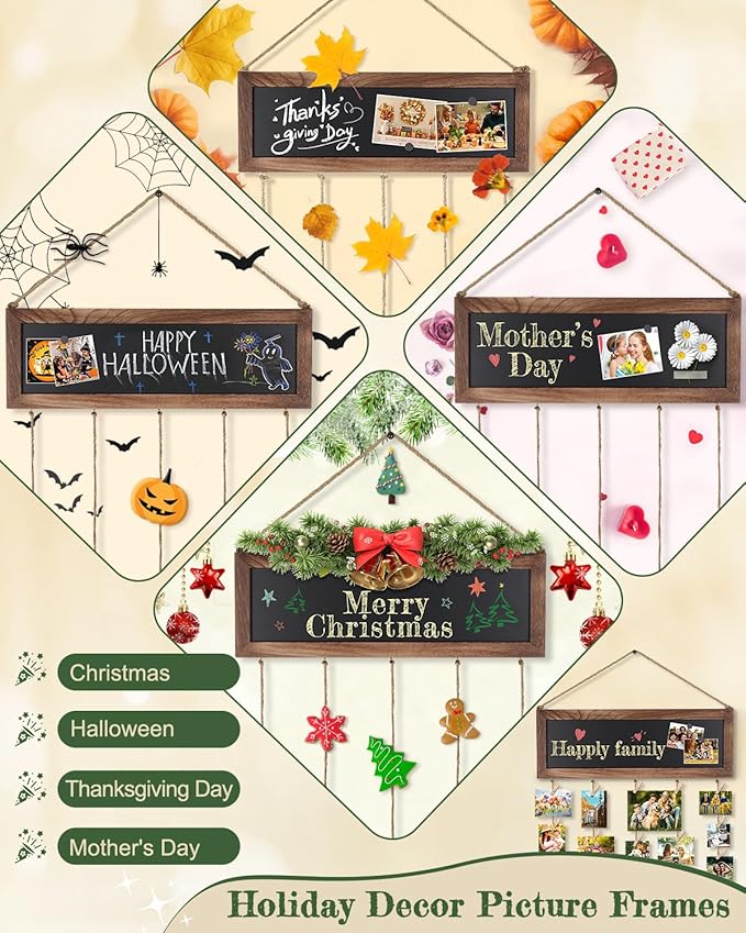 Bikoney Picture Frames Collage Photo Hanging Display Picture Board Wood Rustic Frames for Wall Decor and Dorm Room Decor with Blackboard and 30 Clips Carbonized Black