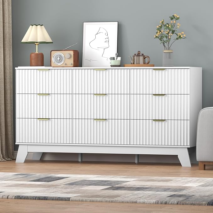 Fluted Dresser for Bedroom,9 Drawer Dresser for Closet,57" Wide Storage Cabinet and Chest of Drawers with Gold Handle,TV Stand,Storage Organizer for Living Room,Hallway,Entryway,White