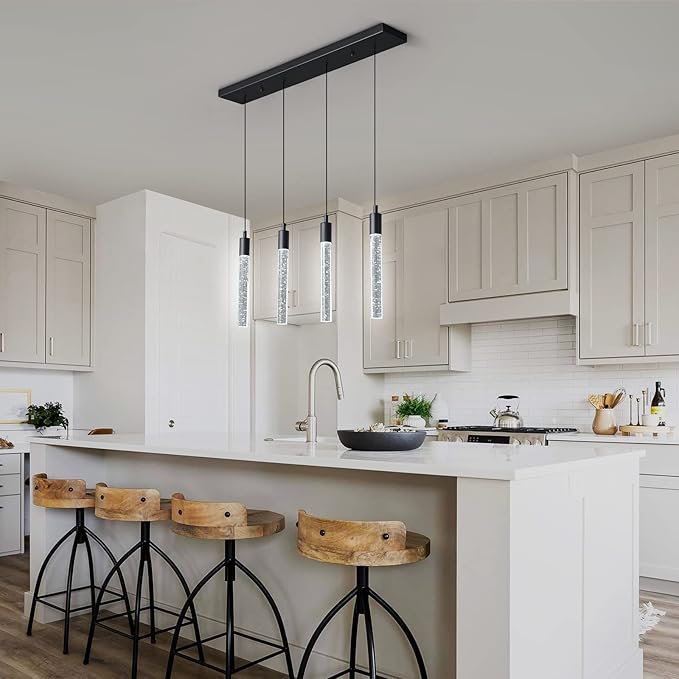 Kitchen Island Lighting Modern Light Fixture Black Pendant Light Dimmable LED Black Finish Mini Crystal Pendant Lights for Dining Room Living Room（4-Light ）