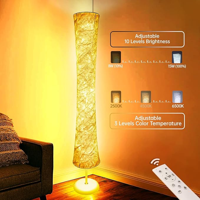 WORLD WIN Floor Lamp, 61'' Smart RGB LED Corner Lamp with Music Sync and 16 Million DIY Colors, 3 Color Temperature, APP & Remote Control, Color Changing Standing Floor Lamp with Stand