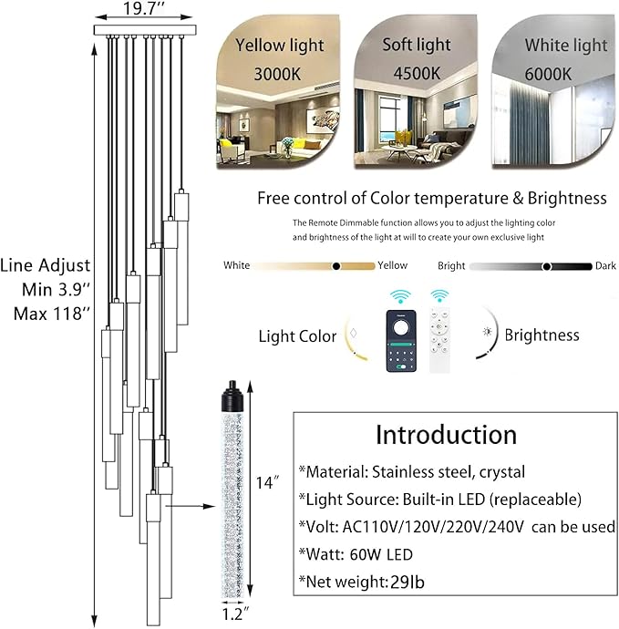 12-Lights Chandelier LED Dimmable Chandeliers for Entryway Flush Mount Ceiling Pendant Light Fixture Crystal Chandeliers for Living Room Black Finished Lighting Modern High Ceiling Chandelier
