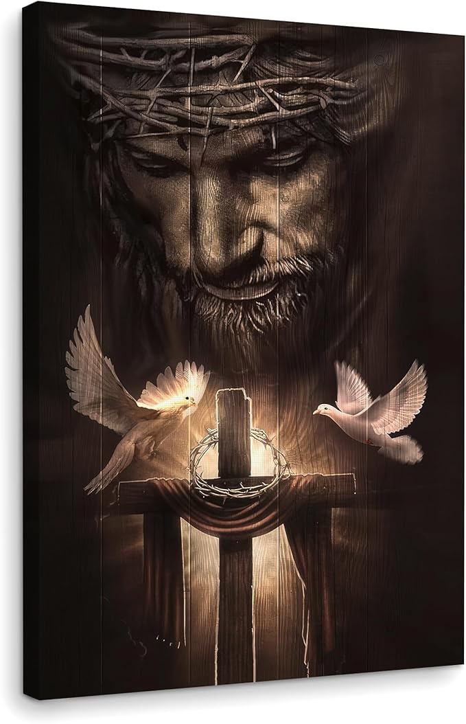 Fantasy Artists Framed Jesus Christ Canvas Wall Art The Cross and Peace Dove Christian Painting Prints Biblical Wall Decor Religious Room Decor for Church Prayer Room Schools Hospitals 16" x 24"