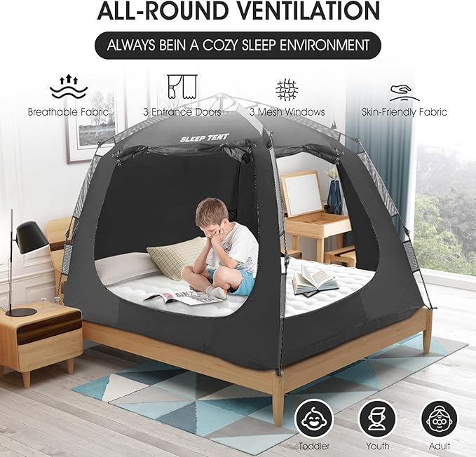 Portable Bed Tent Bed Canopy Queen Size,ONE-Click Sleeping Tent Breathable Indoor Tent Privacy Large Space with 3 Doors for Kids and Adult
