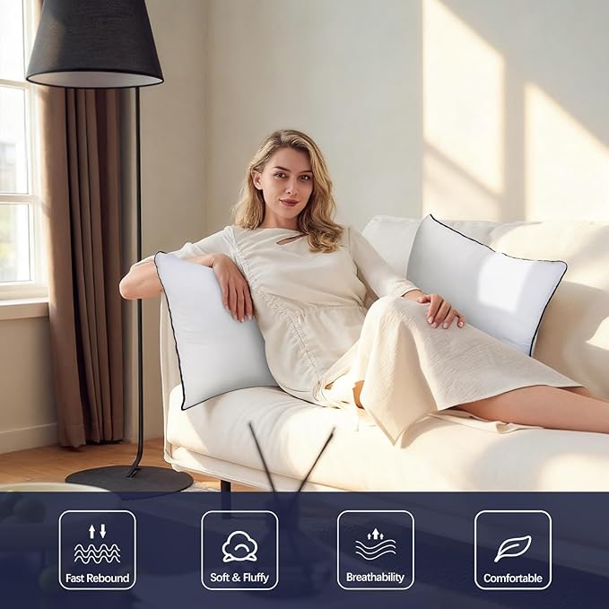 OKBA 12x20 Throw Pillow Inserts Set of 2-Fluffy Cushions with 100% Cotton Covers-Decorative White Pillow Fillers for Sofa, Bed, Couch, Living Room, Indoor Hotel Pillows