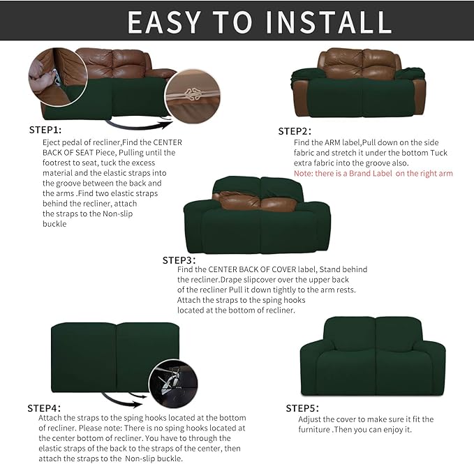 Easy-Going 6 Pieces Recliner Loveseat Stretch Sofa Slipcover Sofa Cover Furniture Protector Couch Soft with Elastic Bottom Kids, Spandex Jacquard Fabric Small Checks Dark Green