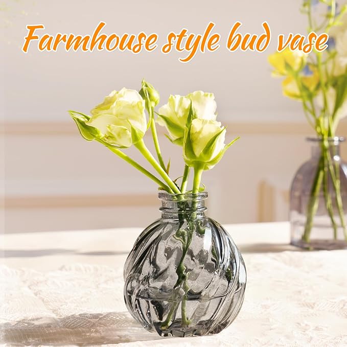 Bud Vases Set of 12, Black Vase Small Glass Vases for Flowers Modern Ribbed Amber Glass Bud Vase for Decor Flower Vase in Bulk Vintage Decor Boho Wedding Centerpieces Rustic Home Table Decoration