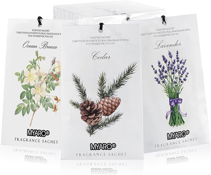 MYARO Scented Sachets 12 Pack Home Fragrance Sachet for Drawers & Closets, Long-Lasting Sachets Bags Cedar Wood, Ocean, Lavender Scented Sachet 3 Scent Air Freshener Scent for Lover