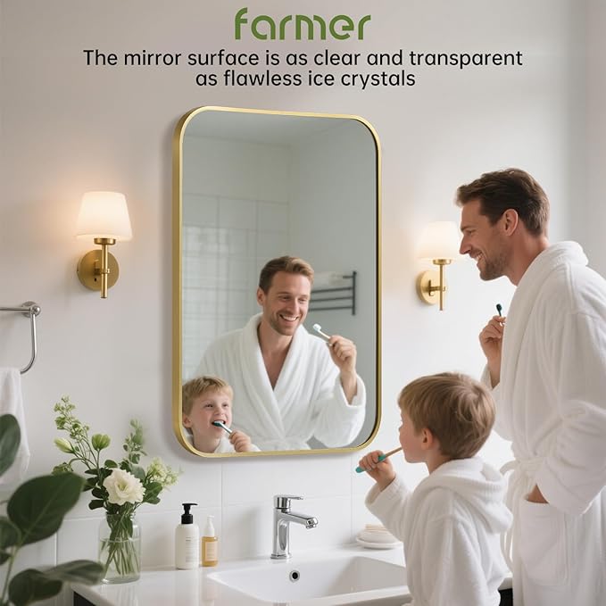 FARMER 20x30 Inch Gold Bathroom Mirror, Rectangle Vanity Mirror, Brushed Mirrors for Wall, Metal Frame Hanging Mirror with Round Corner for Bedrooms, Entryways, Living Rooms, Horizontal/Vertical