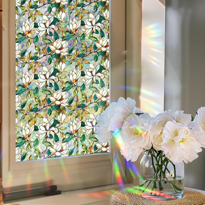 Window Film, Stained Glass Window Privacy Film, Rainbow White Flowers Double Sided Non-Adhesive Window Cling Stickers for Home Office Living Room Glass Windows Door Decor 16.93 x 39.37 Inch