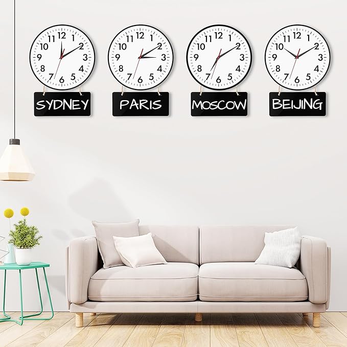 Lumuasky 4-Pack Silent Wall Clocks Time Zones with 4 Pcs Chalkboard and White Marker Pen – Battery Operated Clocks with Time Zones Multi Time Zone Clocks Perfect for Home, Office & Classroom