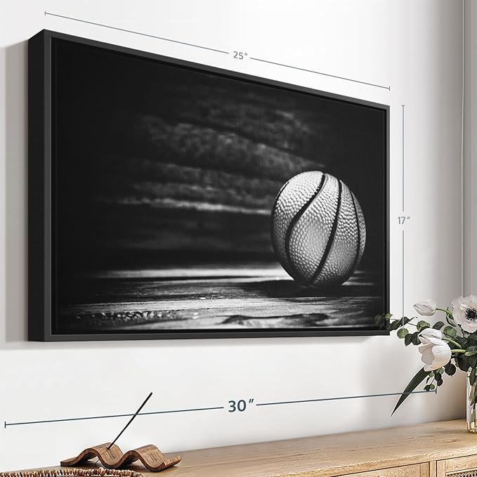 ElephantStock Basketball Wall Art - Horizontal Framed Canvas - 1-Piece Hallway Wall Decor - Photography sports Canvas Print - Black and Gray Decor for Wall - 25" X 17"
