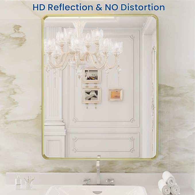 WEER Gold Bathroom Mirror, 28X36 Inch Brushed Gold Metal Frame Mirror, Rounded Rectangle Gold Bathroom Vanity Mirror for Wall, Tempered Glass, Anti-Rust, Hangs Horizontally or Vertically