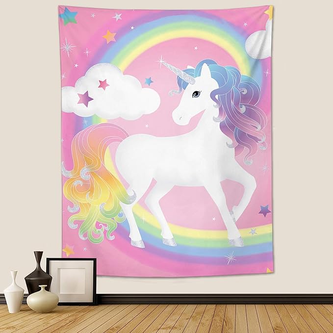 yowecso Unicorn Tapestry Rainbow Wall Hanging for Bedroom, Pink Unicorn Tapestries Aesthetic Wall Decor for Home, Dorm, Living Room - 60"x90"