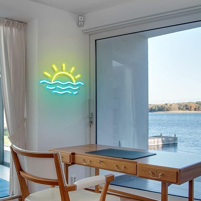 Sunset Sunrise Neon Sign Sun on The Sea Neon LED Light Sign for Wall Decor Wave Neon Light up Sign Beach Home Decor Aesthetic for Teen Girls Bedroom Game Room Decor Ocean Sun Night Light Wedding