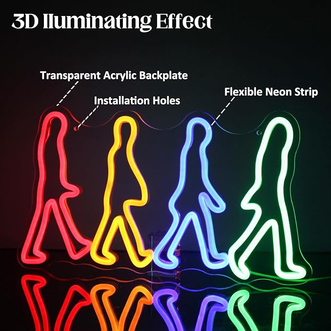 Rock Band Neon Sign Four People Walking Neon Lights for Bedroom Music LED Sign Abbey Road Wall Art Light Up Sign for Game Room Man Cave Decor Rock Music Fans Gifts