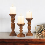Rustic Wooden Pillar Candle Holders Set of 3, 12'' 9'' 6'' Farmhouse Wood Candle Stand for Table Centerpieces, Vintage Tall Candleholders Fireplace Mantel Decor for Living Room, Brown
