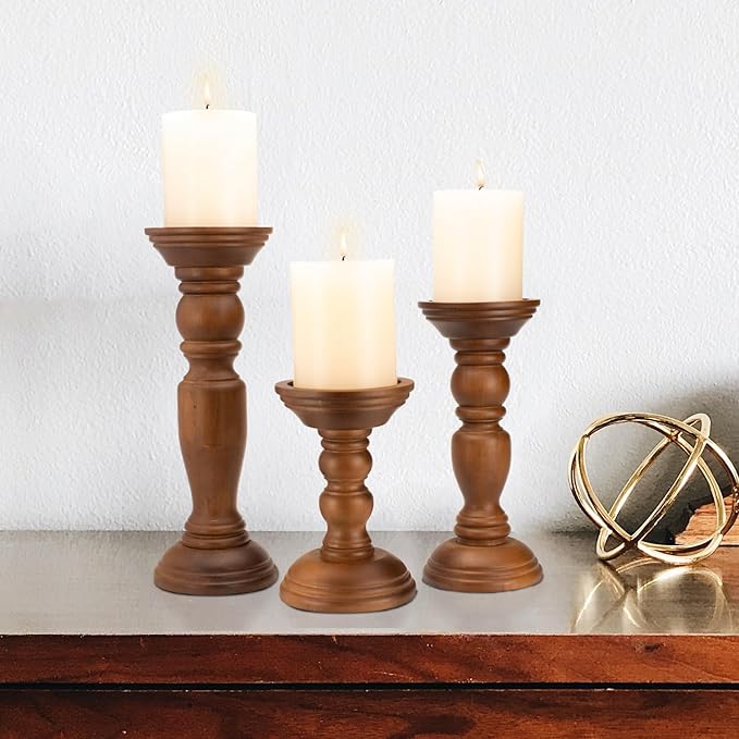 Rustic Wooden Pillar Candle Holders Set of 3, 12'' 9'' 6'' Farmhouse Wood Candle Stand for Table Centerpieces, Vintage Tall Candleholders Fireplace Mantel Decor for Living Room, Brown