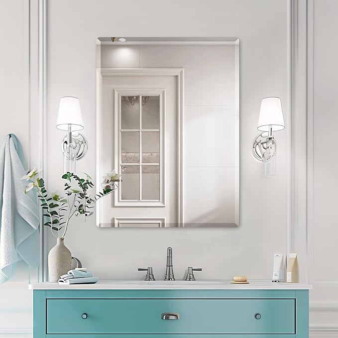 Mirrorons Beveled Mirror, Wall Mirror 24" x 32", Frameless Rectangle Bathroom Mirror with Beveled Edge, Hangs Horizontally or Vertically. Rounded Corner Tempered