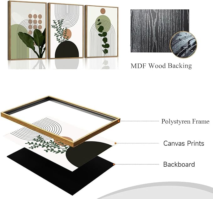 Bwodke Boho Wall Art, Framed Abstract Wall Art, Plant Canvas Wall Decor, Mid Century Line Leaf Geometric Pictures Set of 3, Minimalist Paintings, for Bedroom Living Room Bathroom 12"x16"