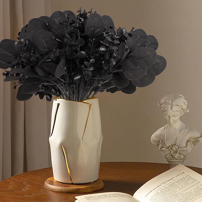 40 Pcs Artificial Black Eucalyptus Stems, Fake Eucalyptus Leaves Branches Bouquet for Flower Arrangement DIY, Black Silk Flowers for Home Halloween Farmhouse Decor
