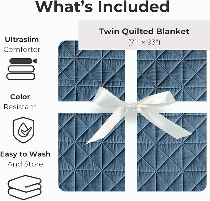 Vianney Twin Comforter - Novo Cobalto Reversible Lightweight Blanket 71x93 inches - Soft Fleece Cozy Throw for Couch or Bed in Cobalt Blue and Dark Grey with Triangular Quilt Pattern