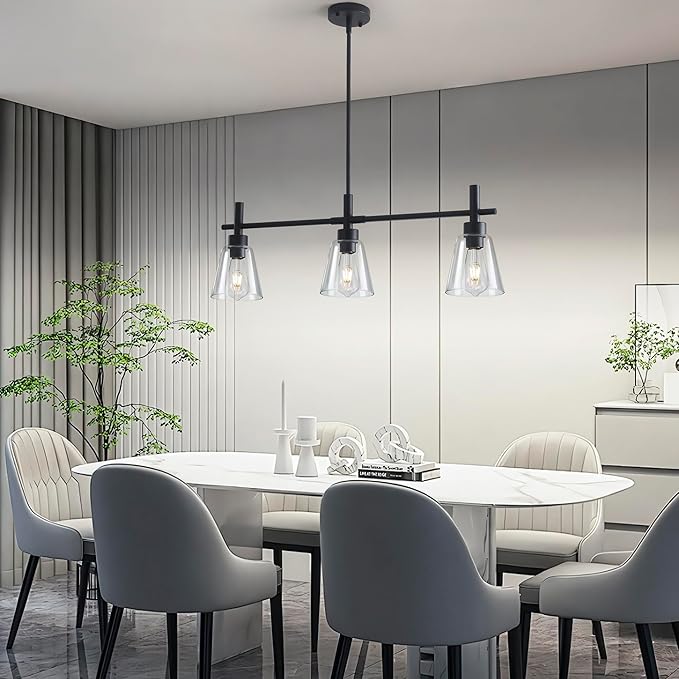 Black Kitchen Island Lighting, 3-Lights Modern Dining Room Light Fixture, Farmhouse Pendant Light Fixtures with Glass Shades, Adjustable Rectangle Linear Chandelier for Living Room