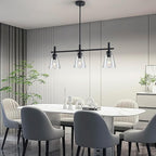 Black Kitchen Island Lighting, 3-Lights Modern Dining Room Light Fixture, Farmhouse Pendant Light Fixtures with Glass Shades, Adjustable Rectangle Linear Chandelier for Living Room