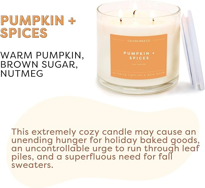 Calyan Wax Co. 3 Wick Candle, Pumpkin + Spice Scented Candle, 43 Hour Burn Time, 3 Wick Soy Candles, Non Toxic & Vegan Soy Wax, Glass Jar Holiday Scented Candles, 14.9oz