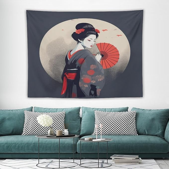 Japanese Woman Geisha Tapestry Asian Red Cherry Blossom Red Sun Traditional Kimono Folk Tapestries Home Decor for Living Room Bedroom Apartment Farmhouse Dorm 80"x60"