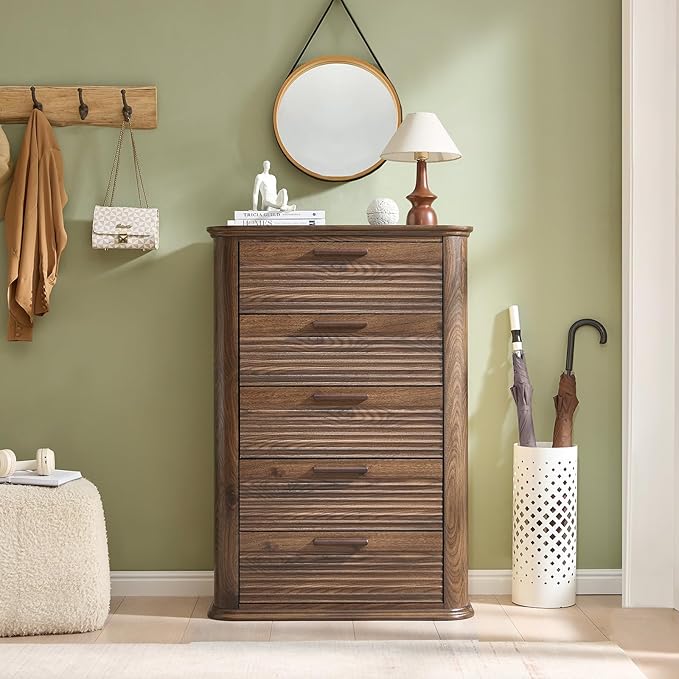 Okvnbjk 5 Drawers Dresser for Bedroom, 45" Tall Dresser with Curved Profile Design, Wood Fluted Chest of Drawer, Modern Drawer Storage Organizer for Bedroom, Living Room, Entryway