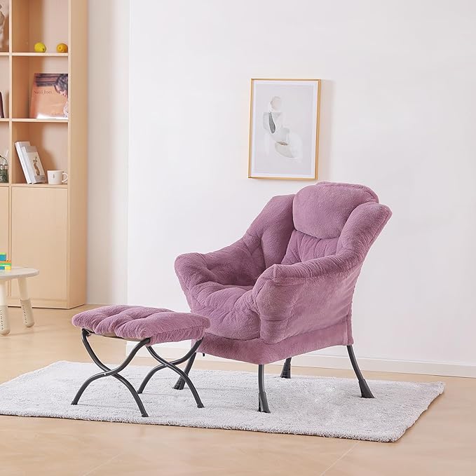 Plush Lazy Chair and Ottoman, Large Contemporary Accent Lounge Chair with Armrests and a Side Pocket, Modern Leisure Upholstered Sofa Reading Armchair with Footrest for Bedroom, Living Room