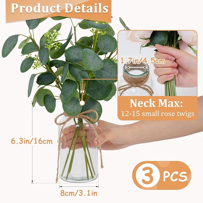 Vintage Glass Vases for Flowers, Set of 3 Clear Vases for Farmhouse Wedding Centerpiece Cylinder Bottle for Reception Table Decoration Home Decor Floral Arrangements