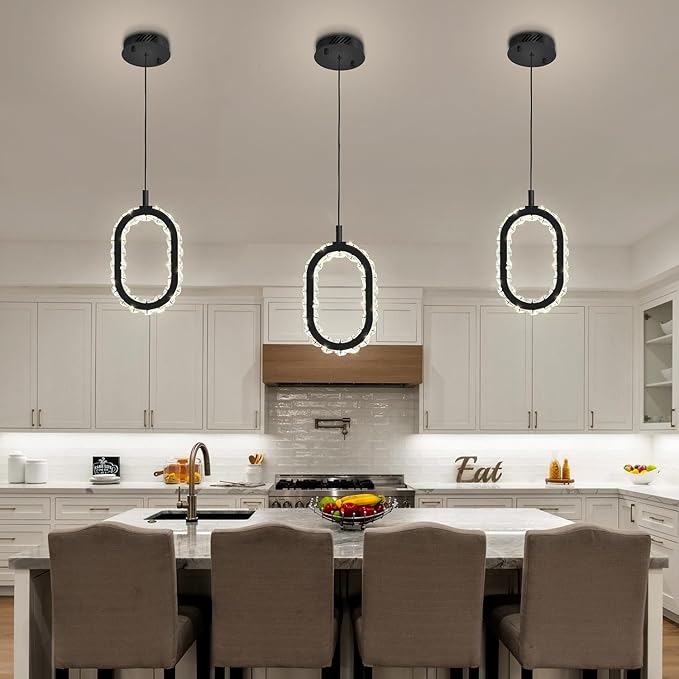 Black 1 Ring Pendant Lights Kitchen Island Single Head Crystal Chandeliers Foyer Entrance Modern LED Dimmable Chandeliers