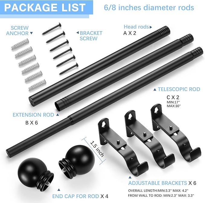 Curtain Rods for Windows 16 to 76 Inches, Curtain Rod Max Adjustable Length of 88 IN, 6/8" Diameter Drapery Rods Round Finials, Black, Pack of 2