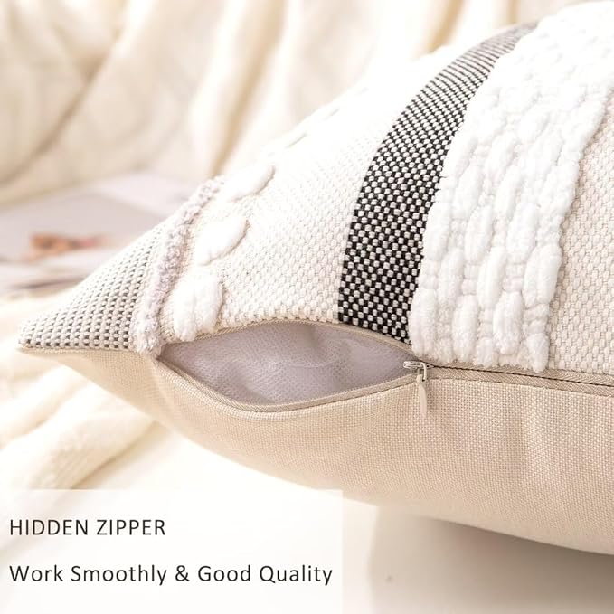 Boho Throw Pillow Covers 18x18 Set of 2 Farmhouse Decorative Cushion Case Striped Square Pillows Cover Chenille Pillow Cases Accent Neutral Pillowcase for Sofa Couch Bed,White