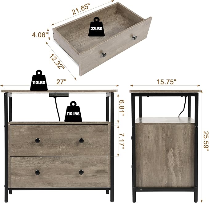 27 inch Wide Night Stand Set 2 with Charging Station, Bedside Table with Open Shelf, 2 Drawers Small Wood Dresser, Modern Wood Nightstand for Bedroom/Living Room (Rustic Gray)