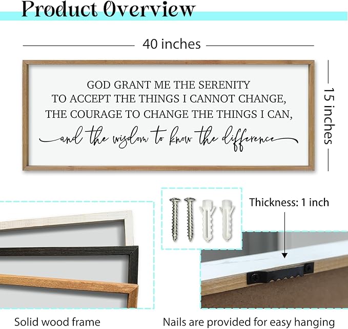 ZZJJHYWGQ Bible Verse Wall Decor Serenity Prayer Inspirational Religious Art, 40''×15'' Rustic Christian God Grant Me Saying Horizontal Holy Catholic Scripture Sign for Living Room Large Wall Hanging (Wood)