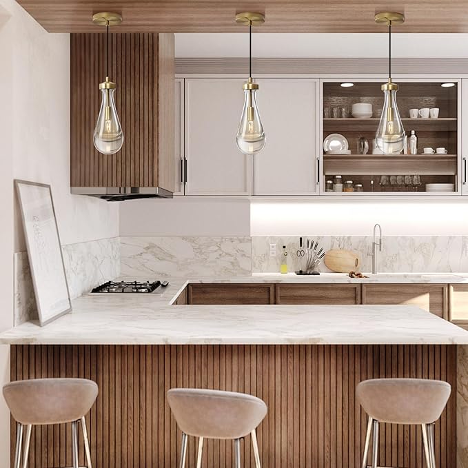Raindrop Pendant Lights Set of 2, Brass Pendant Lights Kitchen Island, Gold Island Light for Kitchen Dining Room Light Fixture, Chandelier for Living Room Bedroom Bathroom, Bulb Included