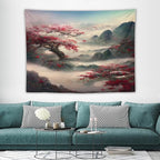 Japanese Tapestry, Red Plum Cherry Blossom Mountain, Nature Landscape, Bedroom & Living Room Decor, 80"x60"