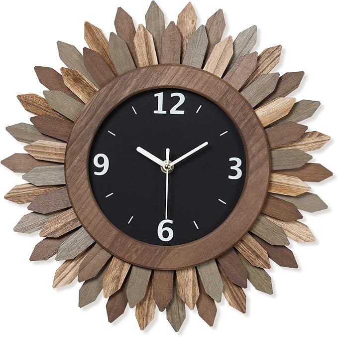 Honiway 14 Inch Wall Clock, Rustic Wood Boho Sunburst Decorative Wall Clocks Battery Operated Silent Non Ticking Farmhouse Small Wall Clocks for Living Room Kitchen Bedroom Home Decor (Tricolor)