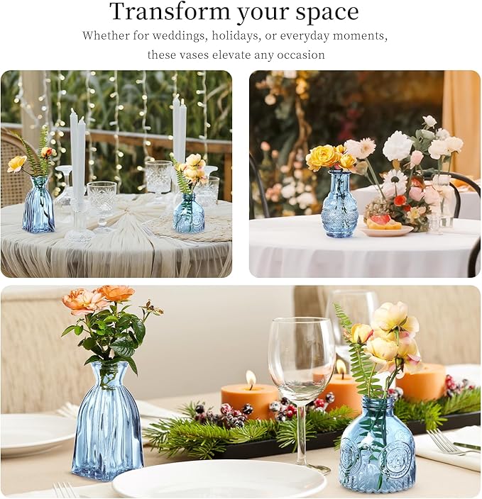 Glass Bud Vases Set of 16 - Blue Assorted Small Mini Glass Vases for Flowers, Crystal Vintage Vase Set, Bulk Centerpieces for Table Décor, Wedding, Home and Events (Blue, 16 Pcs)