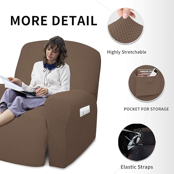 Easy-Going 4 Pieces Oversized Recliner Stretch Sofa Slipcover Sofa Cover Furniture Protector Couch Soft with Elastic Bottom Polyester Spandex Jacquard Fabric Small Checks Brown, X-Large