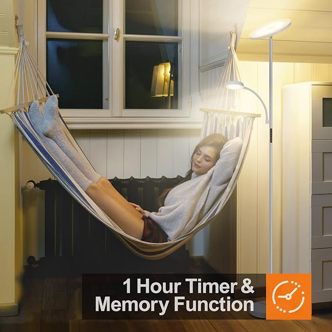 OUTON LED Floor Lamp, 27W/2400LM Torchiere Lamp & 7W/ 400LM Reading Lamp, Bright Dimmable Standing Tall Lamp with 4 Color Temperature, Remote Touch Control for Living Room Bedroom Office, Silver Grey